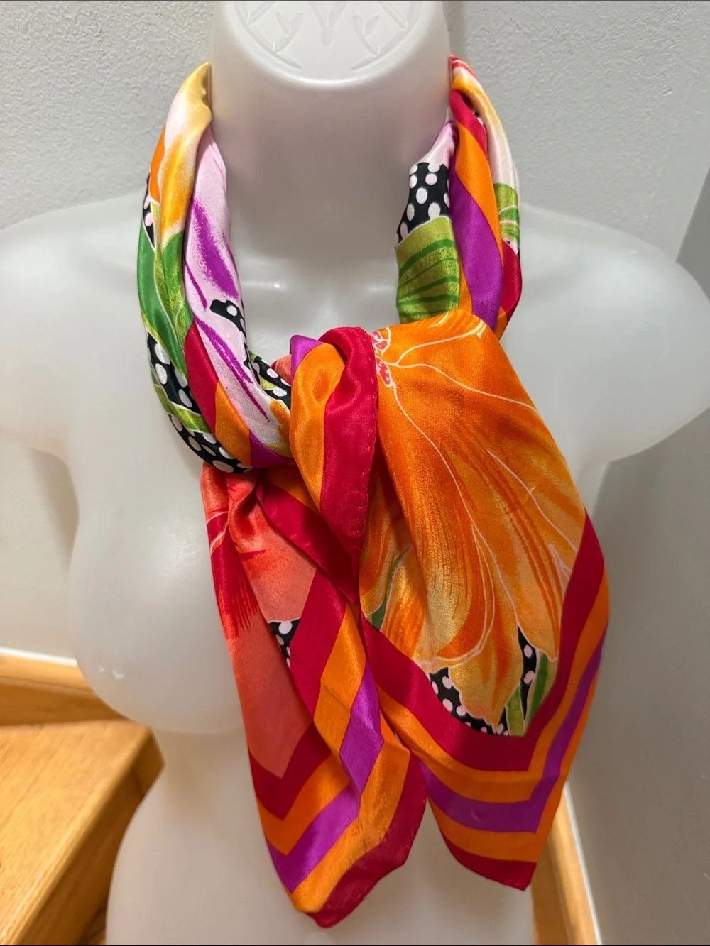 Vintage Vibrant Tropical Floral & Polka Dot Silk Square Scarf